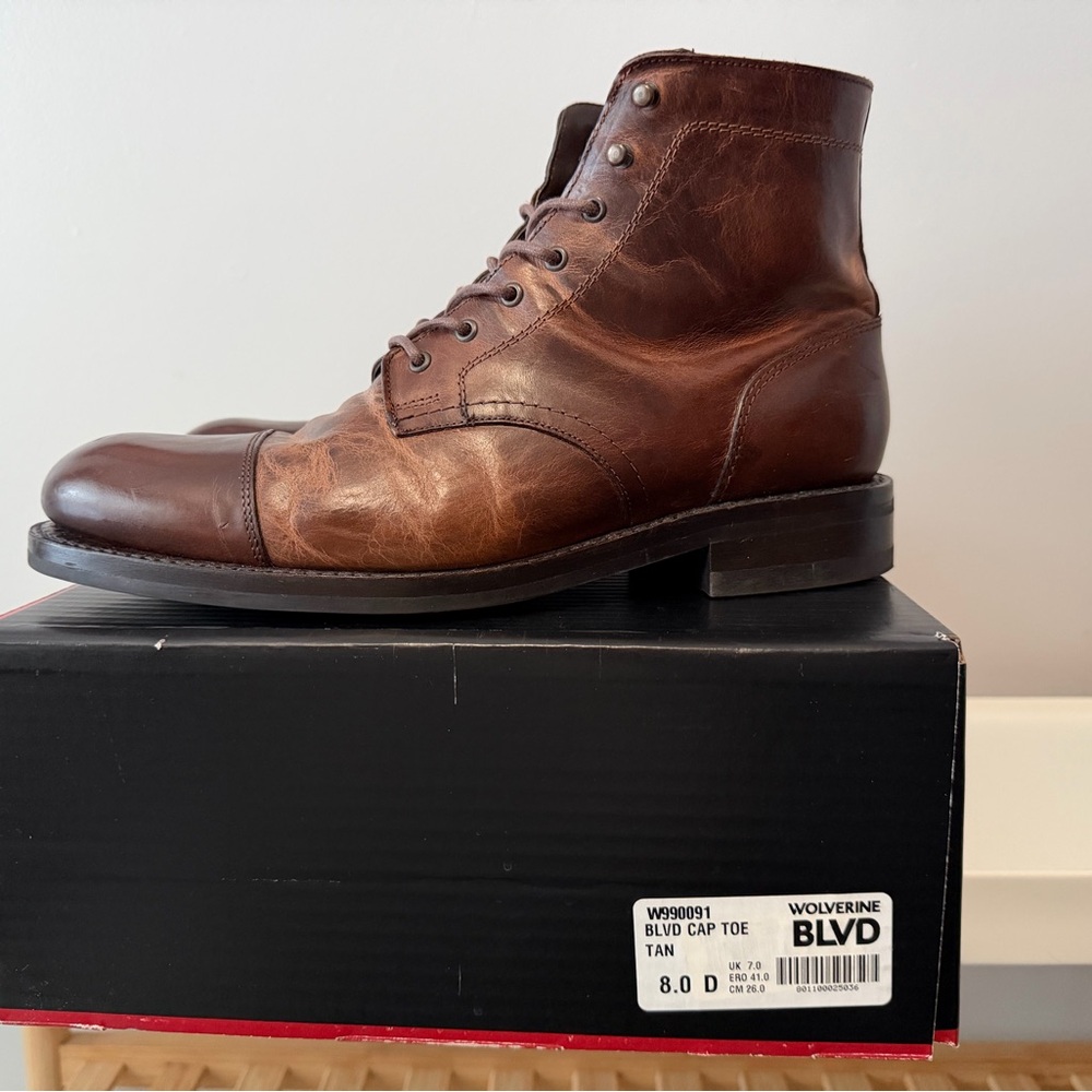 Wolverine BLVD Men’s Tan Leather Cap Toe Boots Size 8D